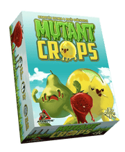 Mutant Crops (PREORDER) - Colorful board game box titled Mutant Crops with cartoonish mutated fruit characters on teal sky background.