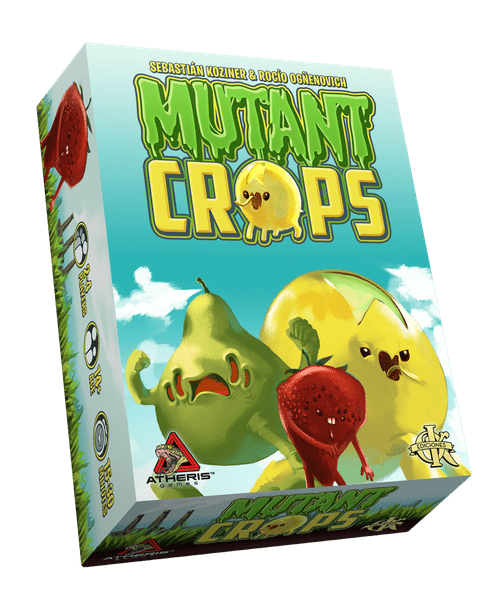 Mutant Crops (PREORDER) - Colorful board game box titled Mutant Crops with cartoonish mutated fruit characters on teal sky background.