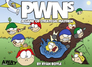 PWNs: A Game of Strategic Mayhem (PREORDER) - Colorful cartoon-style board game cover featuring animated pawn characters in various colors including green, red, blue, and