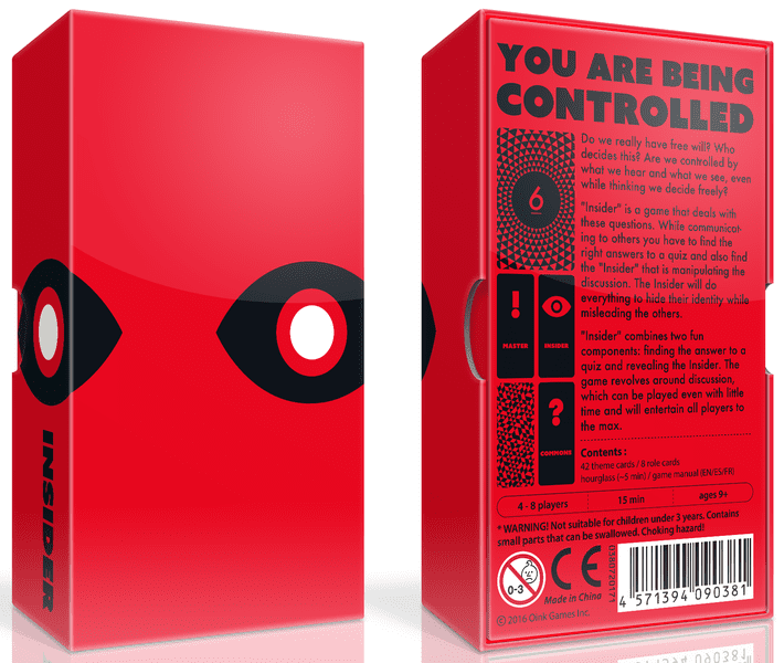 Insider (PREORDER) - Red rectangular box with a black and white circular eye design on the front and bold text on the back detailing game.