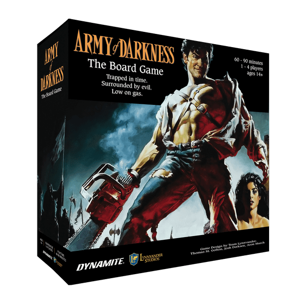 Army of Darkness: The Board Game (PREORDER) - Dark-themed board game box featuring a muscular man holding a chainsaw and a woman behind him, with bold yellow "Army of.