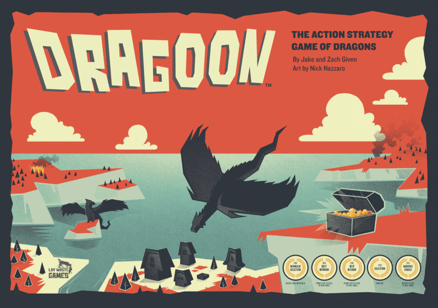 Dragoon (PREORDER) - Board game box with red and beige tones, featuring a stylized black dragon flying over a landscape with game pieces and a.