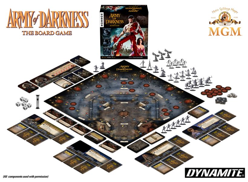 Army of Darkness: The Board Game (PREORDER) - Army of Darkness board game with dark dungeon-themed board, detailed miniatures, character cards, dice, and tokens arranged.