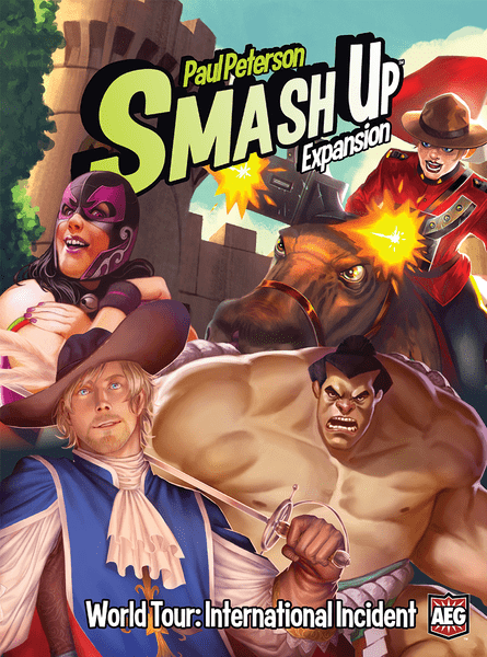 Smash Up: World Tour International Incident (PREORDER) - Colorful board game box cover featuring diverse characters including a masked woman, a medieval knight, a muscular man, and.
