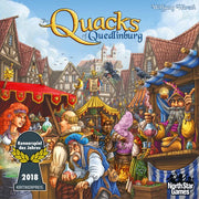 Quacks of Quedlinburg - Colorful board game box cover with medieval market scene, villagers, and whimsical characters, featuring "Quacks of.
