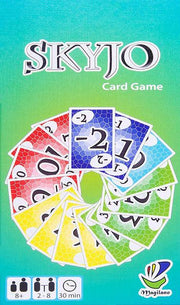 Skyjo Card Game - Skyjo card game box with vibrant green and blue gradient, fanned colorful number cards in red, blue, yellow, and green.