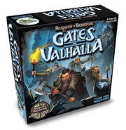 Shadows of Brimstone: Gates of Valhalla - Dark-themed board game box featuring fierce Vikings with axes and a torch, titled Gates of Valhalla.