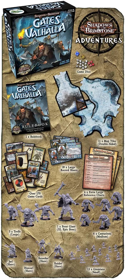 Shadows of Brimstone: Gates of Valhalla - Gates of Valhalla board game set with illustrated box, rulebook, cards, map, tokens, and miniature figures in fantasy theme.