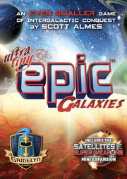 Ultra Tiny Epic Galaxies (PREORDER) - Compact sci-fi themed board game box with bold red and blue "Epic Galaxies" logo on outer space background.