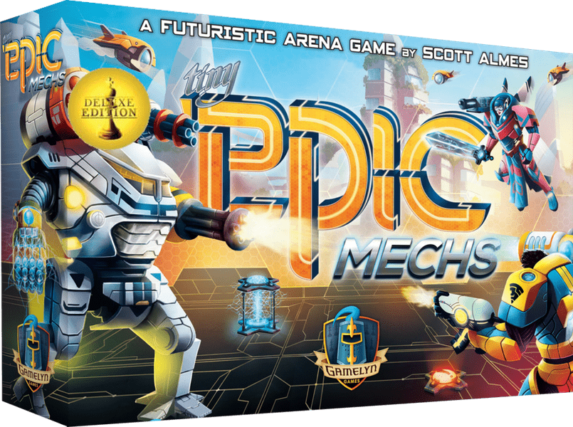 Tiny Epic Mechs: Deluxe (PREORDER) - Colorful game box featuring robotic mech warriors in a futuristic arena with bold orange and blue lettering reading "Epic.