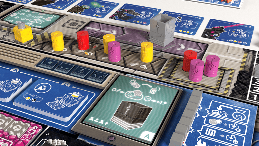 Stress Botics (PREORDER) - Board game setup featuring colorful cylindrical and rectangular tokens, blue cards with white icons, and a dark-themed game.