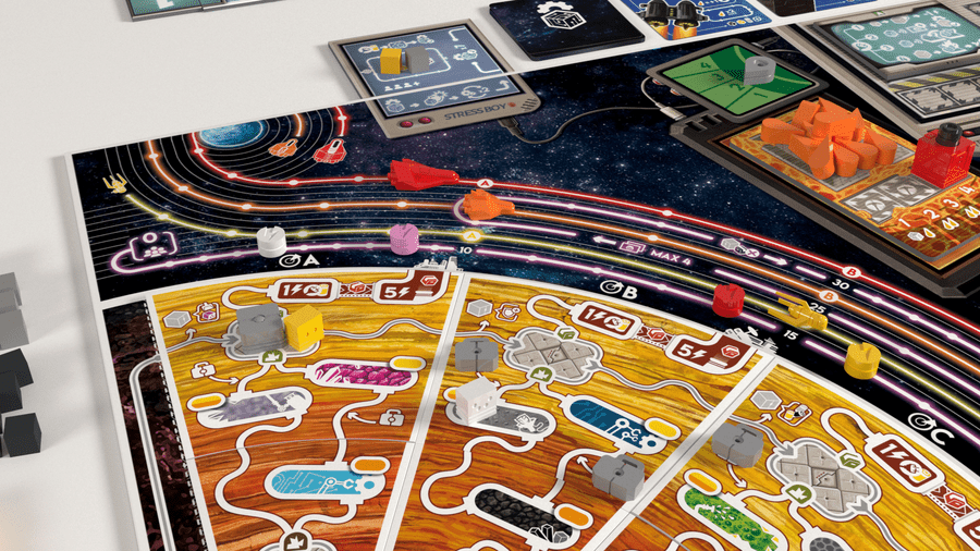 Stress Botics (PREORDER) - Colorful game board with planetary and space-themed graphics, featuring cards, tokens, and a cosmic background setup for.