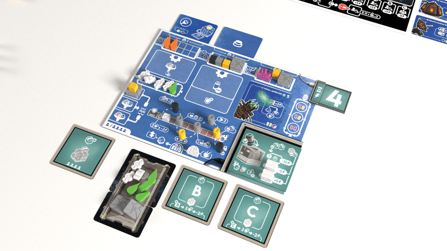 Stress Botics (PREORDER) - Board game setup with a blue game board featuring numbered sections, orange game pieces, and green cards labeled A, B, and C