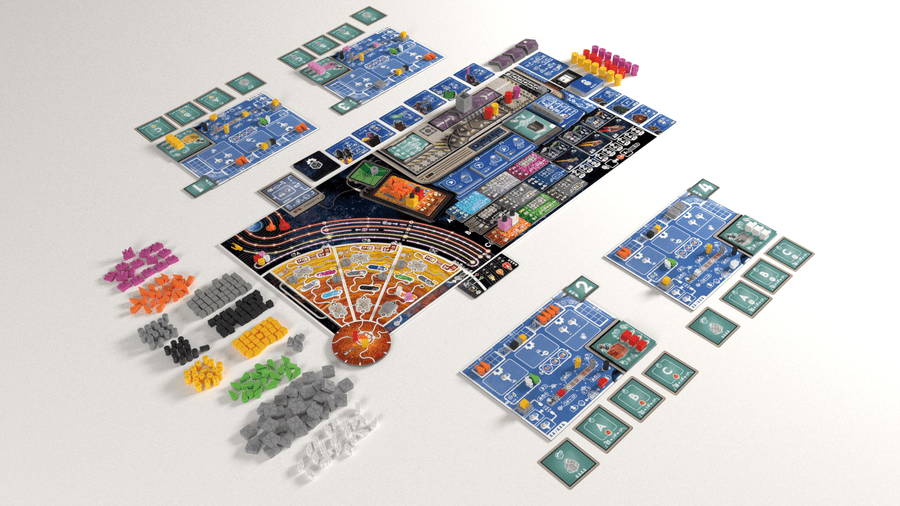 Stress Botics (PREORDER) - Strategy board game set with colorful cards, tokens, player boards, and a semi-circle scoring track on a white background.