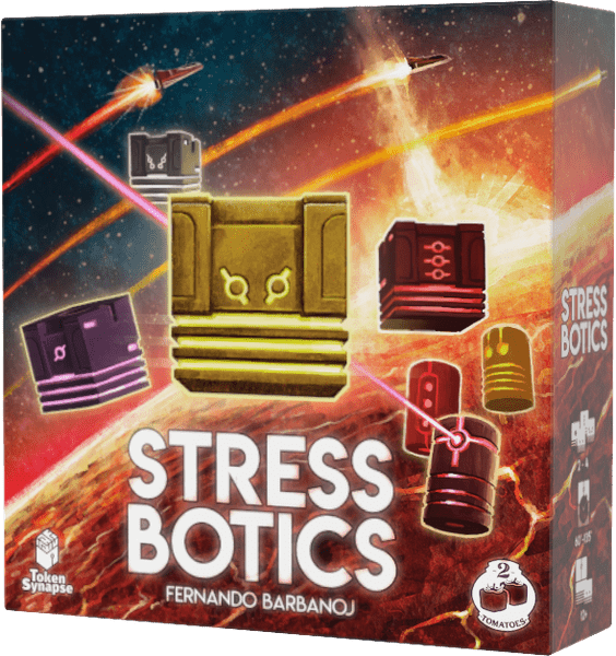 Stress Botics (PREORDER) - Colorful robot-shaped game tokens with glowing eyes on a fiery cosmic background, labeled Stress Botics board game box.