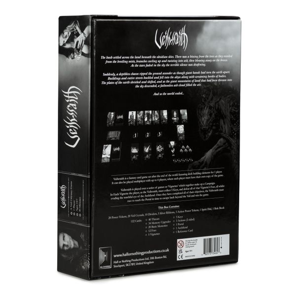 Veilwraith (PREORDER) - Black rectangular game box for Veilwraith featuring dark gothic artwork and white text on the back detailing gameplay and.