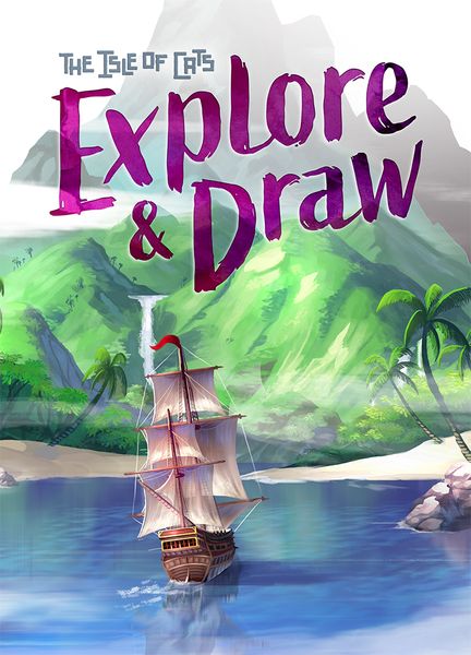The Isle of Cats: Explore & Draw - Board game box with a colorful illustration of a sailing ship on blue water near green tropical islands under a cloudy sky.