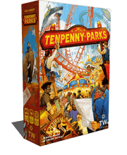 Tenpenny Parks (PREORDER) - Colorful board game box featuring a vibrant amusement park scene with roller coasters, people, and a red banner reading.