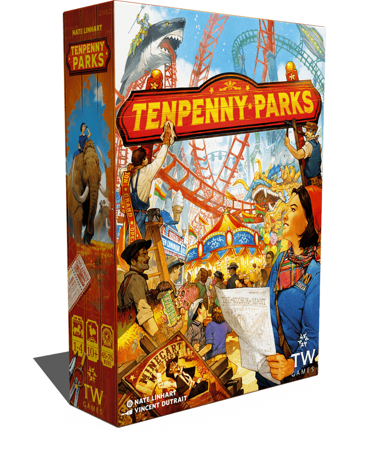 Tenpenny Parks (PREORDER) - Colorful board game box featuring a vibrant amusement park scene with roller coasters, people, and a red banner reading.