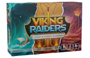 Viking Raiders - Rectangular Viking Raiders board game box with bold gold lettering and sword graphic, featuring ocean and fiery volcanic.