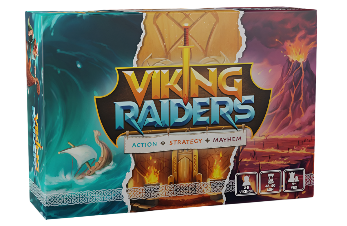 Viking Raiders - Rectangular Viking Raiders board game box with bold gold lettering and sword graphic, featuring ocean and fiery volcanic.