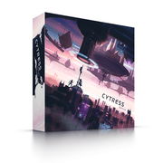 Cytress (PREORDER) - Futuristic cityscape with hovering ships under a purple and pink sky on a square board game box.