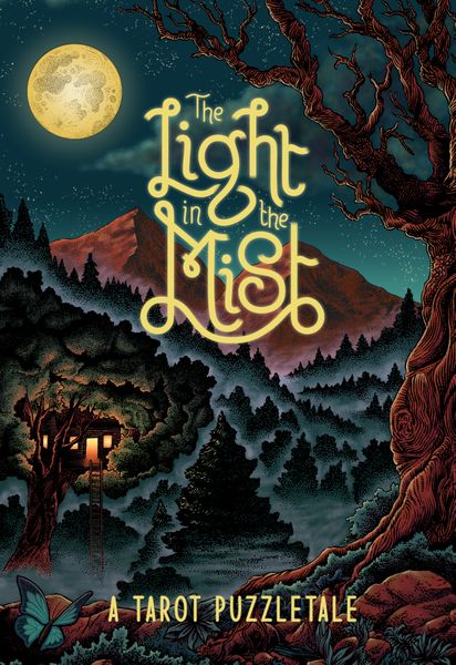 The Light in the Mist (PREORDER) - Dark forest scene with twisted trees, glowing full moon, and whimsical yellow scripted title "The Light in the Mist".