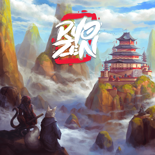 Ryozen: Essential Edition - Colorful fantasy landscape with misty mountains, a red-roofed pagoda, and two cloaked animal figures overlooking a valley.