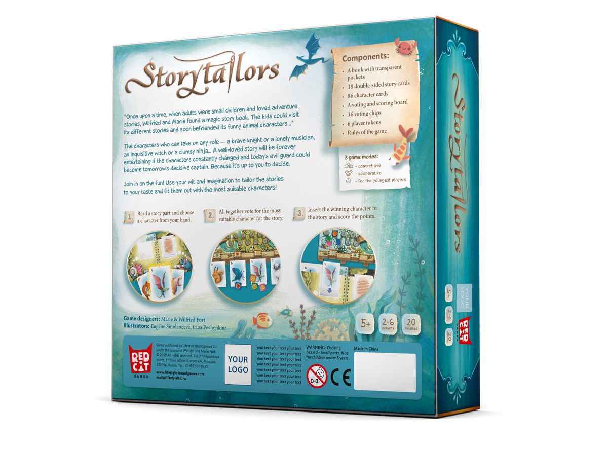 Storytailors - Storytailors kids game box with teal background, text, and three small circular gameplay images on the back.