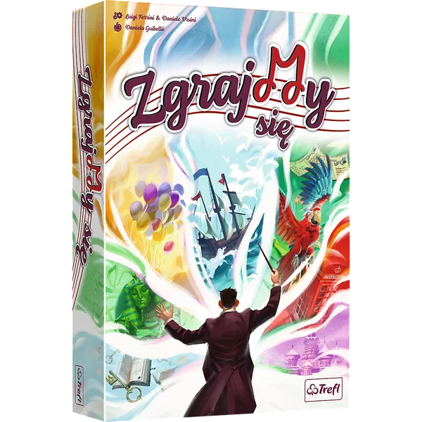 Ensemble - Colorful board game box featuring a man in a suit casting magical beams toward a ship, parrot, and various objects.