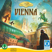 Vienna: Classic Edition - Board game box cover with Vienna cityscape featuring historic buildings, statues, and a Ferris wheel in warm golden tones.