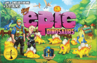 Tiny Epic Dinosaurs: Deluxe (PREORDER) - Colorful game box featuring cartoon dinosaurs, a man in a ranger outfit, and a young girl, set in a lush prehistoric.