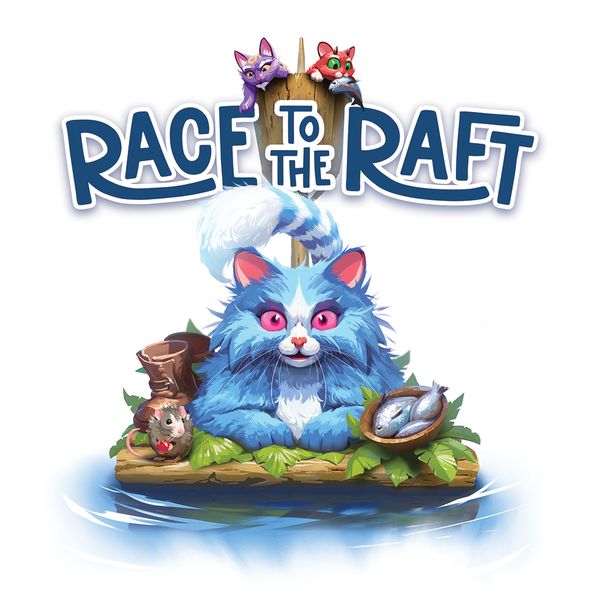 Race to the Raft - Colorful game logo with large blue letters above a furry blue cat on a small raft floating on water.