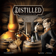 Distilled: A Spirited Strategy Game (PREORDER) - Board game box cover featuring a woman tasting spirits in a rustic distillery with barrels, copper still, and bottles on a.