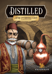 Distilled: Africa & Middle East Expansion (PREORDER) - Board game expansion box with vintage illustration of a man in traditional Middle Eastern attire and a copper distillation.