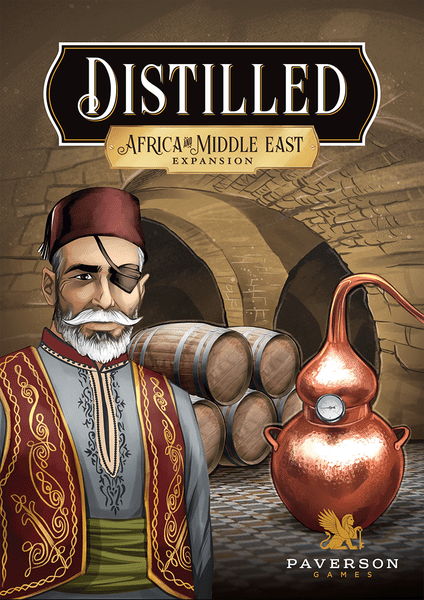 Distilled: Africa & Middle East Expansion (PREORDER) - Board game expansion box with vintage illustration of a man in traditional Middle Eastern attire and a copper distillation.