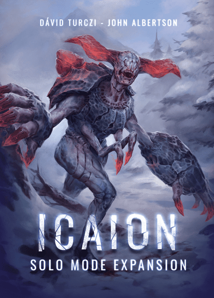 Icaion: Solo Mode Expansion - Dark armored creature with glowing red eyes and red scarf unleashing claws in snowy landscape, icy gray tones.
