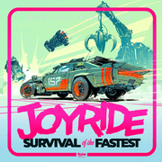 JOYRIDE: Survival of the Fastest - Board game cover with a futuristic, heavily modified car racing past giant mechanical claws, bright teal background and bold