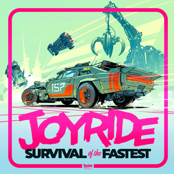 JOYRIDE: Survival of the Fastest - Board game cover with a futuristic, heavily modified car racing past giant mechanical claws, bright teal background and bold