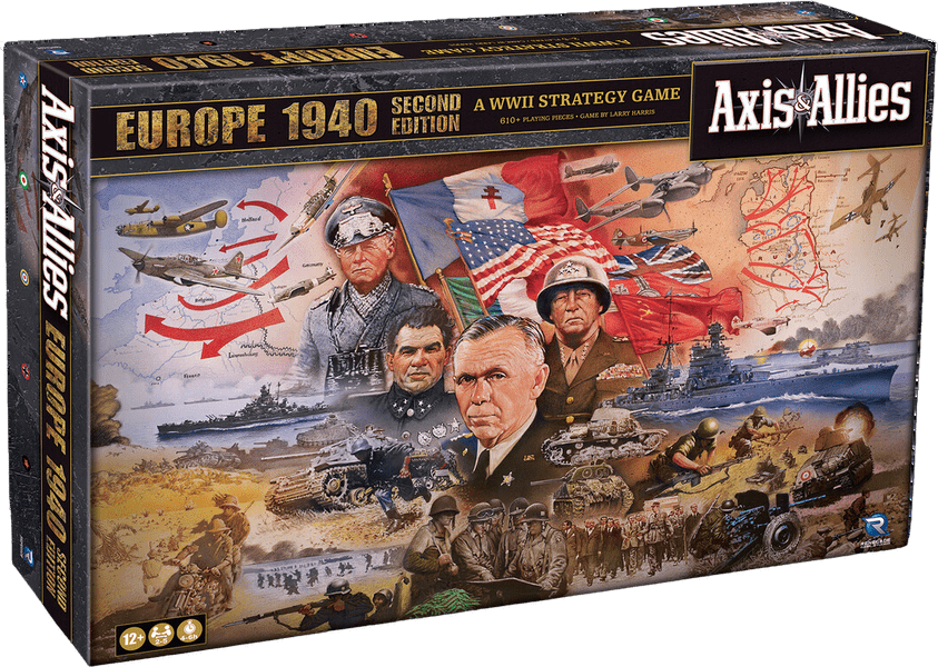 Axis & Allies: 1940 Europe, Second Edition (PREORDER) - 1940 Europe board game box with WWII illustrations, vintage map background, and military figures on cover.