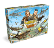 Fighters of Europe - Boxed tabletop wargame featuring illustrated WWII fighter pilots and multiple vintage planes in aerial combat on blue sky.