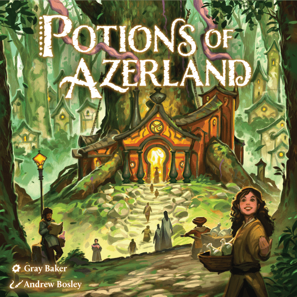 Potions of Azerland KS Deluxe Edition - Colorful fantasy board game box featuring a mystical forest village with glowing windows and characters, titled Potions of.