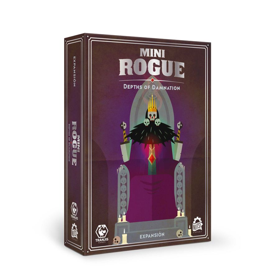 Mini Rogue: Depths of Damnation (PREORDER) - Dark purple box featuring a stylized figure with a skull mask and black cloak, highlighted by a glowing red gem, labeled.