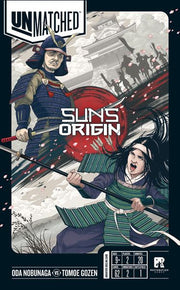 Unmatched: Suns Origin (PREORDER) - Unmatched Suns Origin game box with samurai warrior and archer illustration in blue and green armor, traditional Japanese.