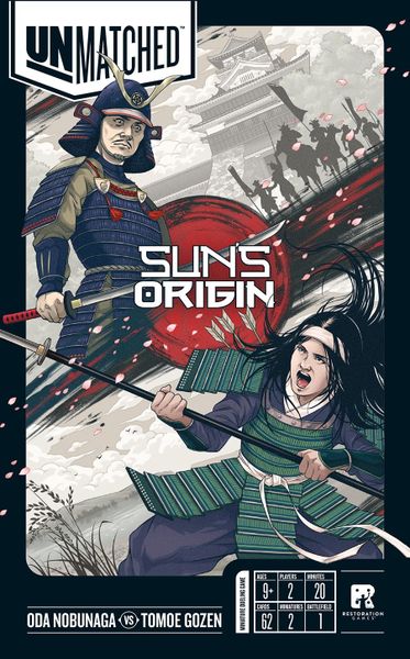 Unmatched: Suns Origin (PREORDER) - Unmatched Suns Origin game box with samurai warrior and archer illustration in blue and green armor, traditional Japanese.