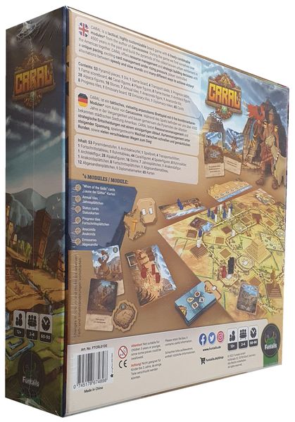 Caral - Rectangular board game box with ancient civilization artwork, hexagonal game board, and illustrated game pieces in earthy.