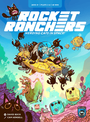 Rocket Ranchers, 2nd Ed. (PREORDER) - Colorful board game box with cartoon cats in space outfits riding a rocket, featuring planets and stars on a blue background.