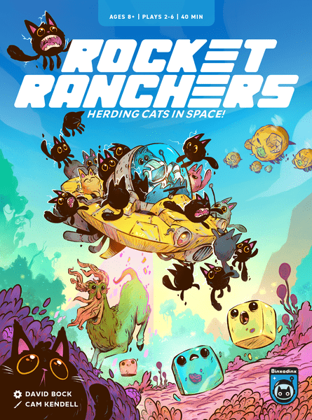 Rocket Ranchers, 2nd Ed. (PREORDER) - Colorful board game box with cartoon cats in space outfits riding a rocket, featuring planets and stars on a blue background.