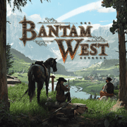 Bantam West - Rustic western-style logo "Bantam West" over scenic valley with river, trees, two cowboys, and a horse under blue sky.