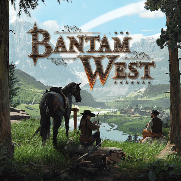 Bantam West - Rustic western-style logo "Bantam West" over scenic valley with river, trees, two cowboys, and a horse under blue sky.
